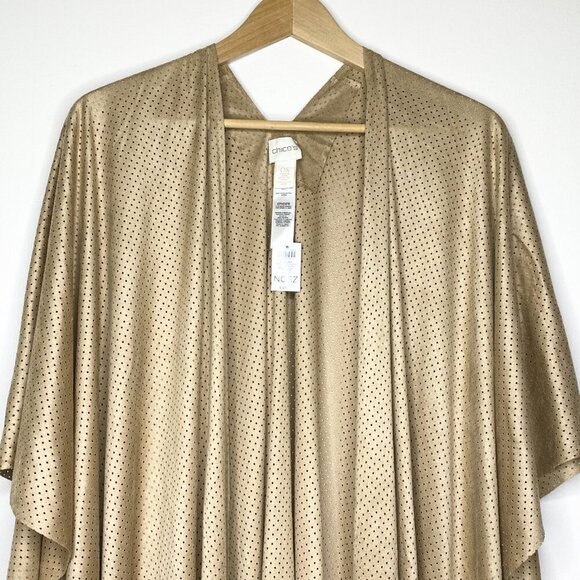 NWT Chicos Peyton Perforated Ruana Cover Arabian Camel One Size Tan Fringe Wrap - Picture 7 of 13